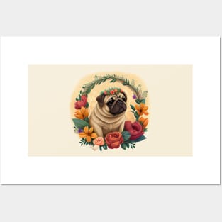 Cute Flower Crown Pug Posters and Art